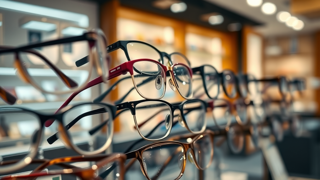 contemporary stylish eyeglass frames display in Mandurah, close up, variety, modern store decor, fashion-forward options for same day glasses