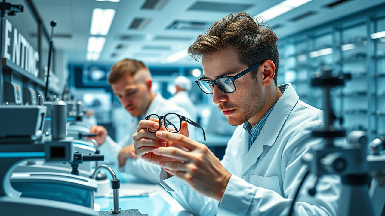 modern optical laboratory with optometrists preparing lenses for same day glasses Mandurah, high-tech equipment, bright clean workspace, staff working efficiently