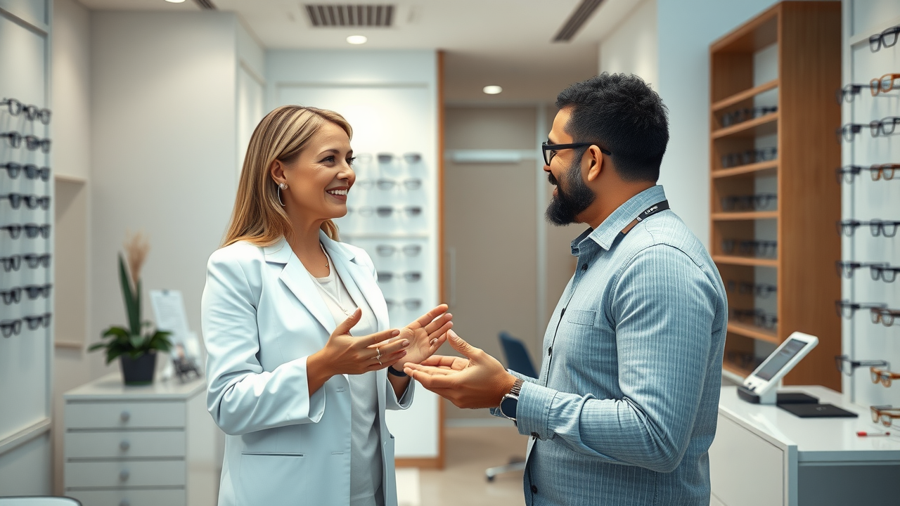 optometry clinic interior with same day glasses mandurah service, friendly optometrist greeting a patient, welcoming, modern stylish glasses displays, lifelike detail, clean and bright