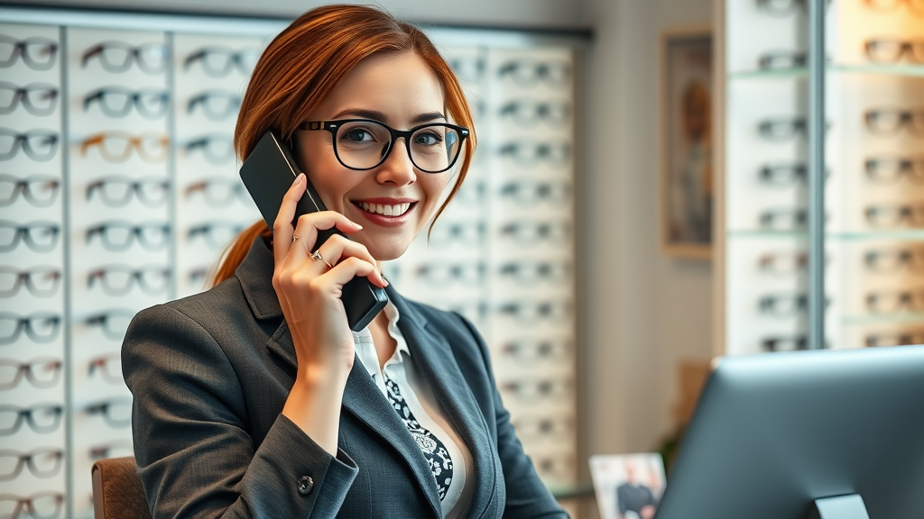 professional female optometrist booking appointments for same day glasses Mandurah, elegant optical shop, inviting environment