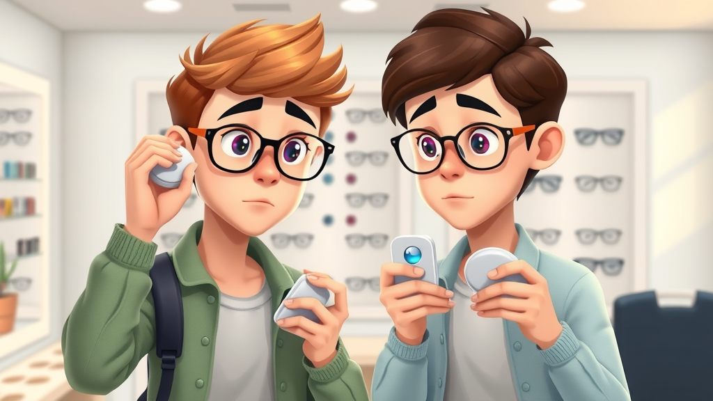 young adult deciding between same day glasses Mandurah and contact lenses, optometry store, thoughtful, comparing eyewear options